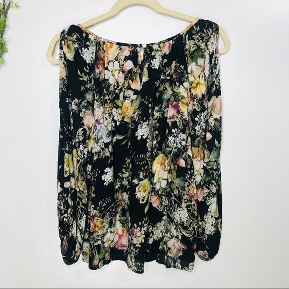 Velvet Black Floral Cold Shoulder Blouse Top - Picture 9 of 9